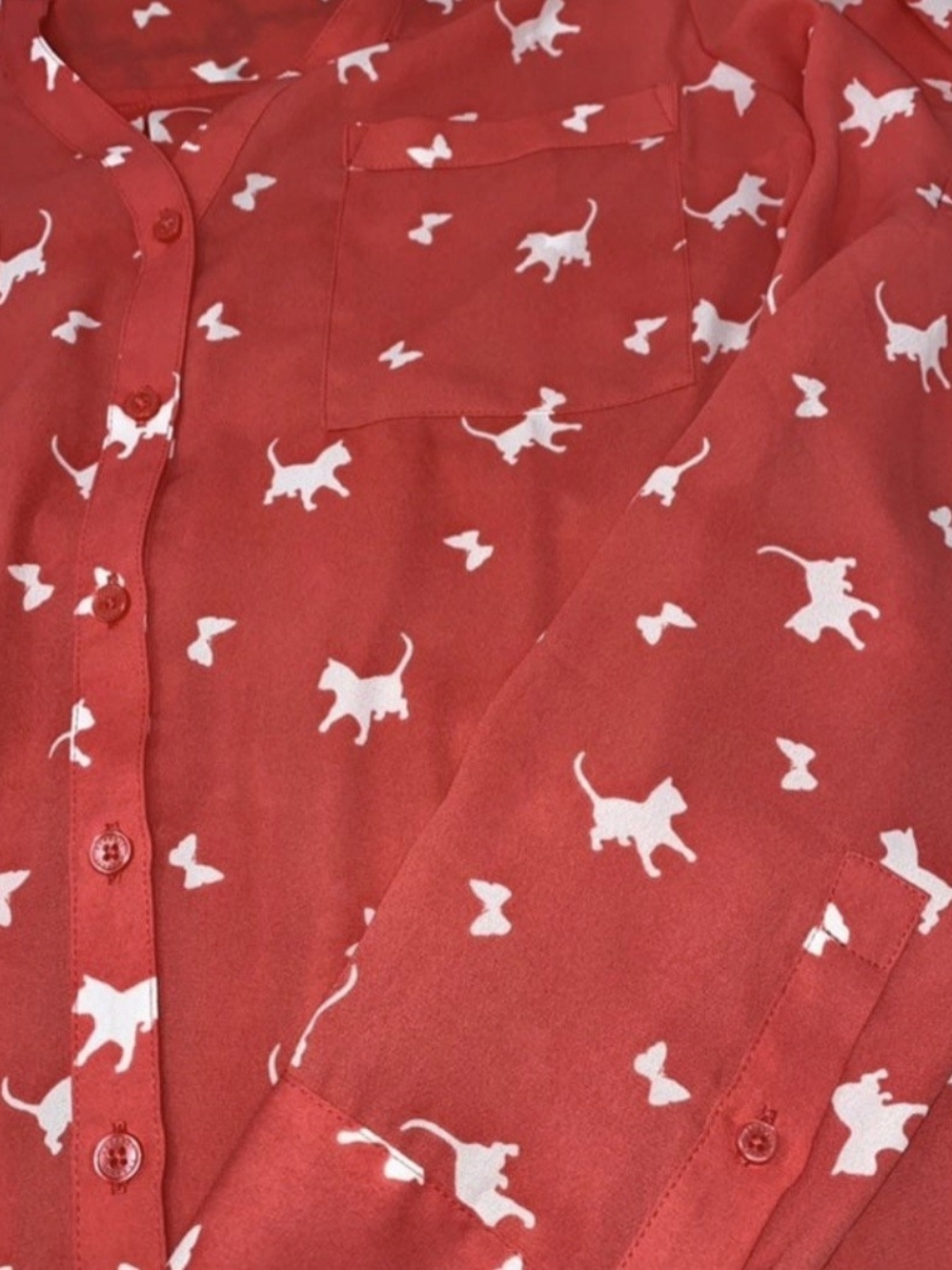 Express Red Button-Down Shirt with White Cat Print - Picture 4 of 4